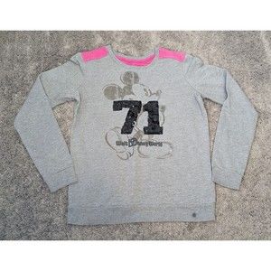 Disney Parks Mickey Mouse Gray/Pink Sweatshirt Pink Quilt Sequin Sz S